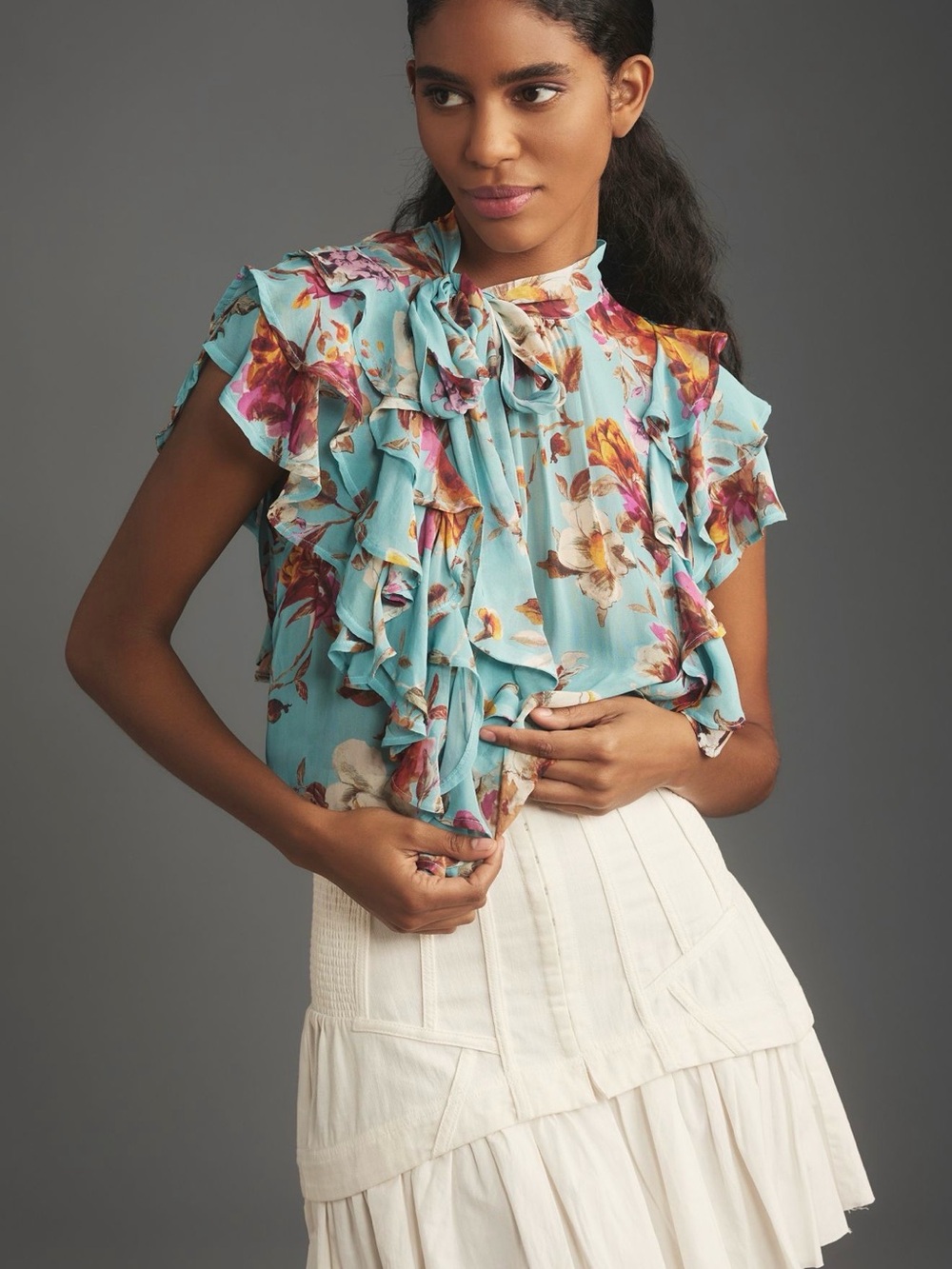 Anthropologie Aqua Floral Ruffle Tie-Neck Blouse